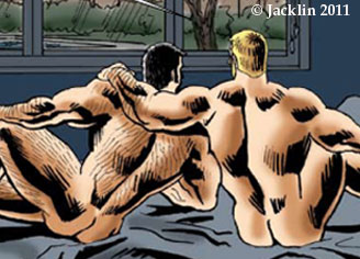 Carl and John naked, watching rainstorm outside
