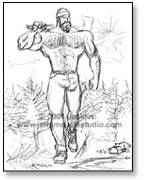 Paul Bunyan walking with tree over shoulder