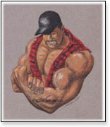 Muscleman in sleeveless flannel shirt showing off big bicep