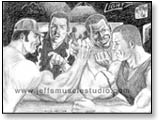 Two muscular men armwrestle in bar, faces grimacing, arms bulging, buddies cheering