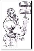 Muscleman balancing barbell on finger