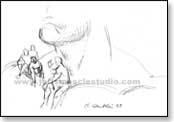 rough sketch of scene in Paul Bunyan comic with lumberjacks on Paul's shoulder
