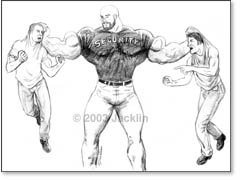 Huge muscular bouncer lifting two smaller fighting men off their feet