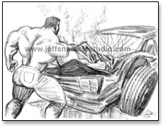 Shirtless muscleman smashes car with fist