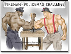 shirtless bodybuilder fireman and cop arm wrestle