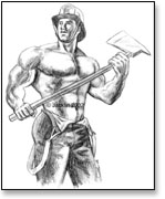 shirtless bodybuilder fireman with axe and hat