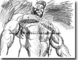 Looking up at cigar-smoking muscleman