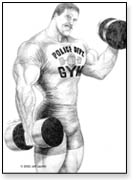 muscleman in police shirt does curls and looks at viewer