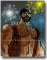 Paul Bunyan with friends sitting on shoulder watching fireworks