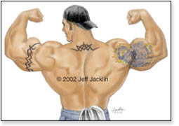 Tattooed muscleman in back double bicep pose