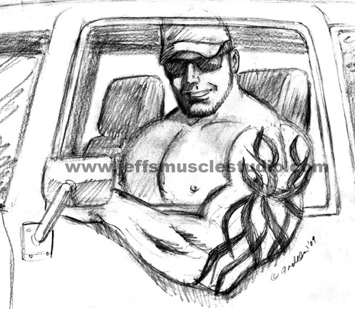 big tattooed arm hanging out of car window