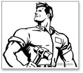 Stylized black and white drwaing of muscled blue collar worker with wrench